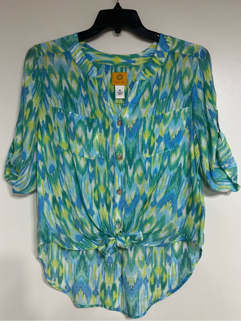 Ruby Rd. Blue, Green & Yellow Tie-Front Button-Down Blouse